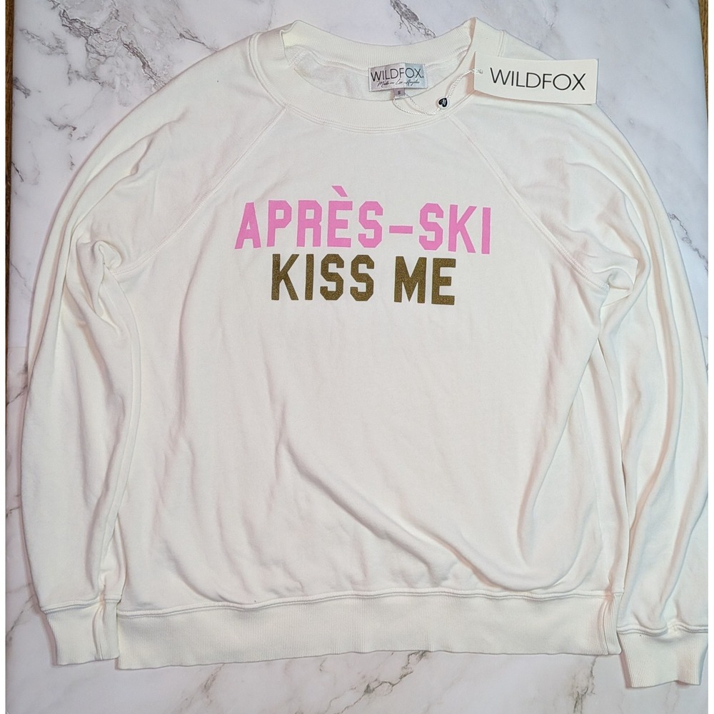 Wildfox Apres-Ski Kiss Me Graphic Sweatshirt Cream Pink Gold Small